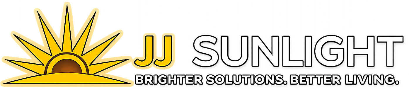 JJ Sunlight logo with a stylized yellow sun rising over a horizon and the slogan 'Brighter Solutions. Better Living.'